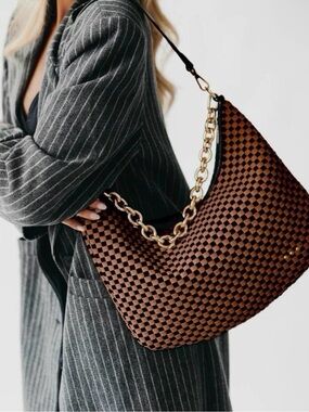 Pretty Simple Sienna Slouchy Vegan Leather Bag Woven Checkered Coffee